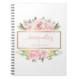 Elegant Pink Rose Floral Personalized Name Notebook