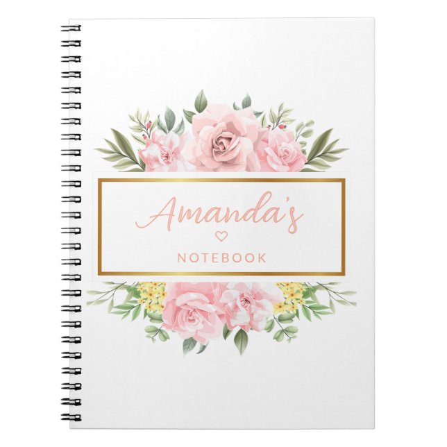 Elegant Pink Rose Floral Personalized Name Notebook (Front)