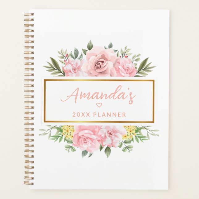 Elegant Pink Rose Floral Personalized Name Planner (Front)