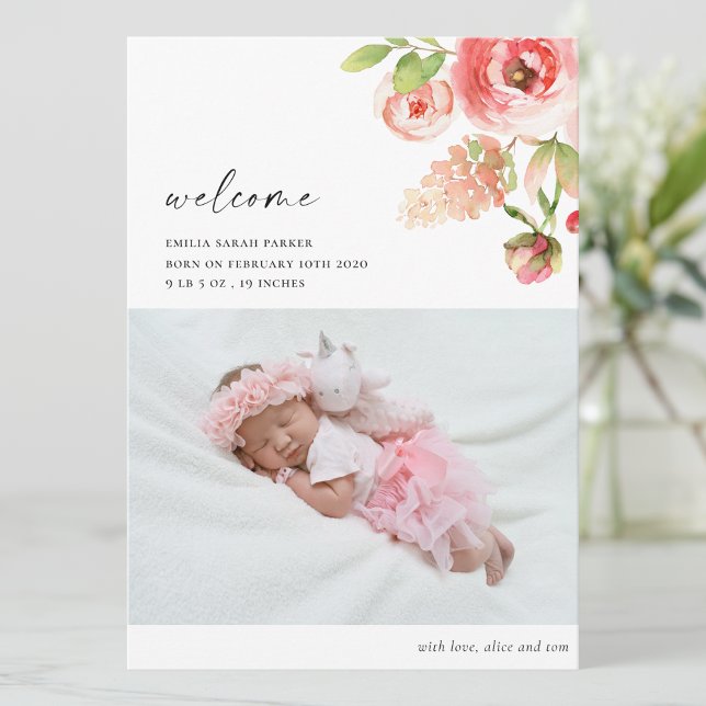 Elegant Pink Rose Floral Photo Baby Birth Announcement (Creator Uploaded)