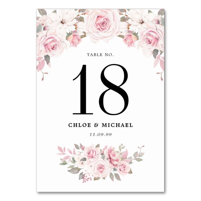 Elegant Pink Rose Floral Wedding Table Number (Front)