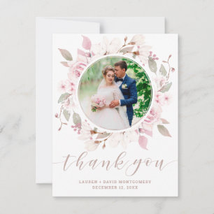 Elegant Pink Rose Floral Wreath Wedding Photo Thank You Card