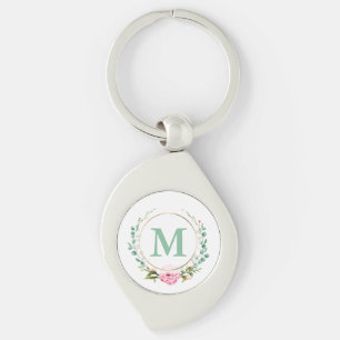 Elegant Pink Rose Floral Wreath with Your Monogram Keychain