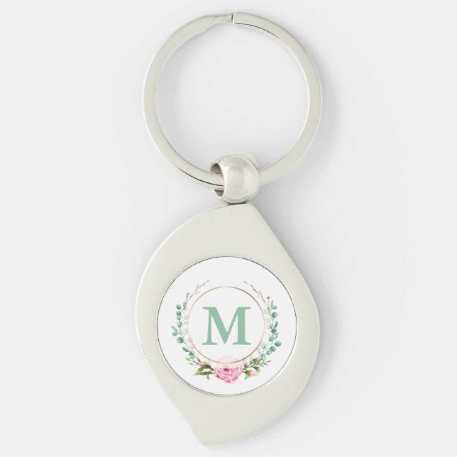 Elegant Pink Rose Floral Wreath with Your Monogram Keychain (Front)