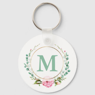 Elegant Pink Rose Floral Wreath with Your Monogram Keychain