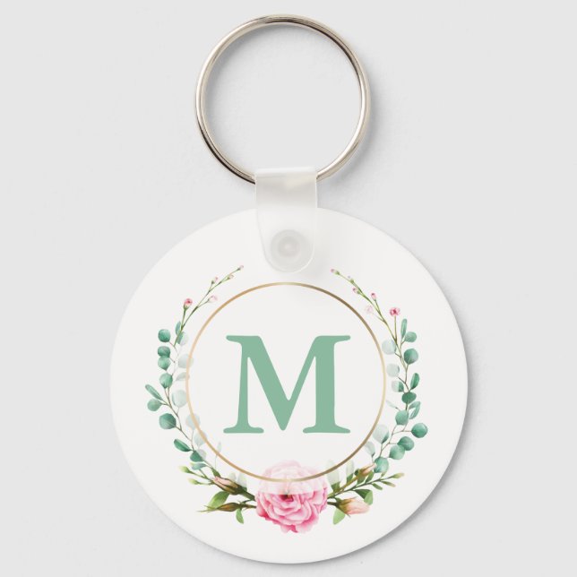 Elegant Pink Rose Floral Wreath with Your Monogram Keychain (Front)