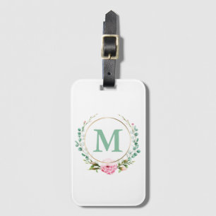Elegant Pink Rose Floral Wreath with Your Monogram Luggage Tag