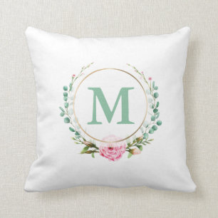 Elegant Pink Rose Floral Wreath with Your Monogram Throw Pillow
