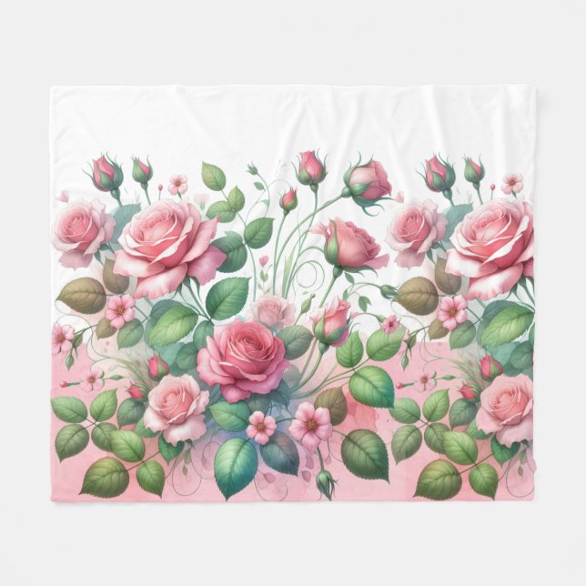 Elegant Pink Rose Garden Fleece Blanket (Front (Horizontal))
