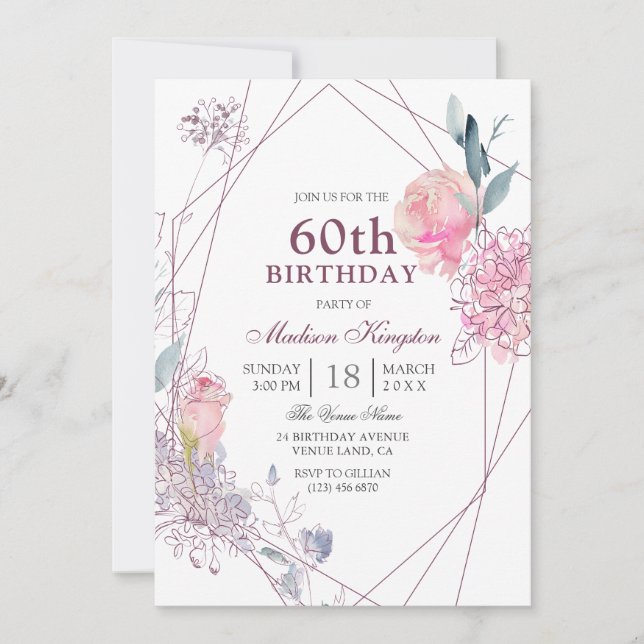 Elegant Pink Rose Geometric 60th Birthday Party Invitation (Front)