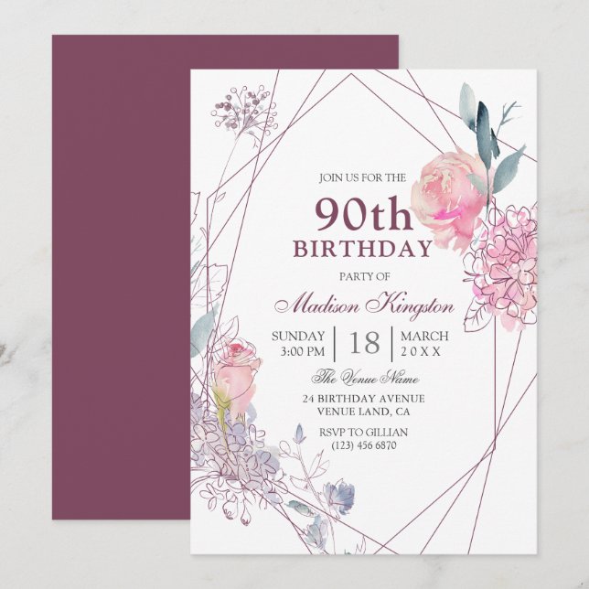 Elegant Pink Rose Geometric 90th Birthday Party Invitation (Front/Back)