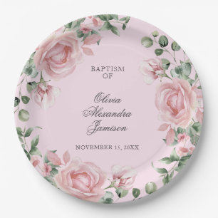 Elegant Pink Rose Girl's Baptism Paper Plate