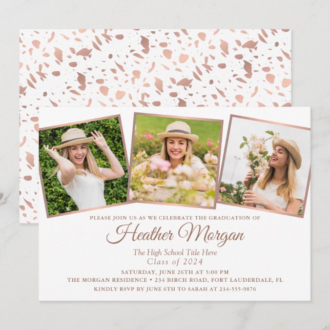 Elegant Pink Rose Gold 3 Photo Graduation Party Invitation (Front/Back)