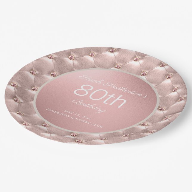 Elegant Pink Rose Gold 80th Birthday Paper Plate (Angled)
