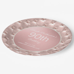 Elegant Pink Rose Gold 90th Birthday Paper Plate