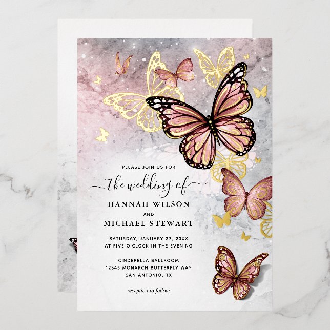 Elegant Pink Rose Gold Butterfly Wedding Real (Front/Back)
