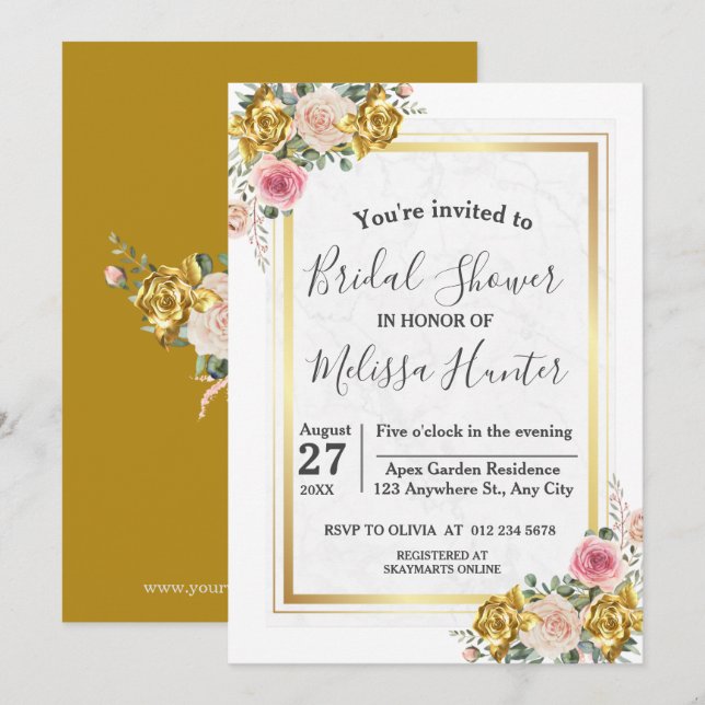 Elegant Pink, Rose Gold Eucalyptus Bridal Shower Invitation (Front/Back)