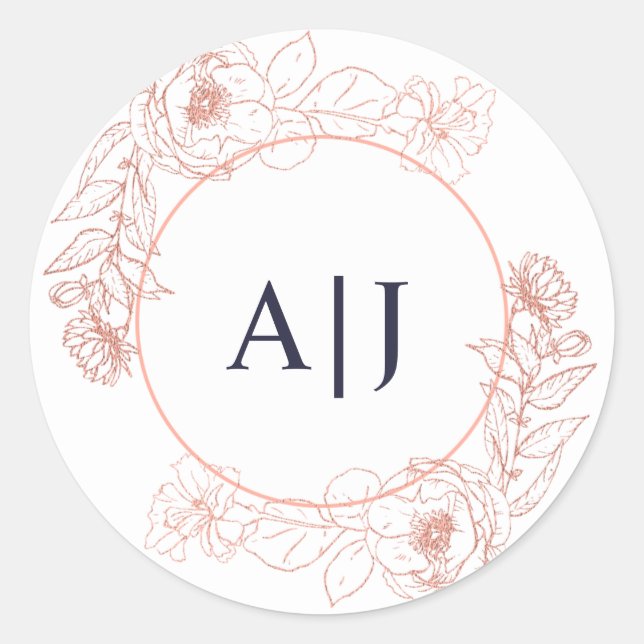 Elegant Pink Rose Gold Floral Wedding Monogram Classic Round Sticker (Front)