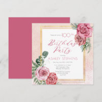 Elegant Pink Rose |Gold Frame 100th Birthday Party