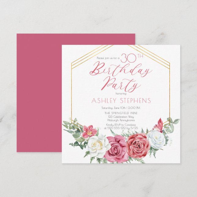 Elegant Pink Rose | Gold Frame 30th Birthday Party Invitation (Front/Back)