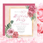 Elegant Pink Rose |Gold Frame 60th Birthday Party  Invitation<br><div class="desc">Elegant and classy pink and white rose floral with sage green greenery "Birthday Party" script text design with geometric gold-toned lines rectangular frame.</div>