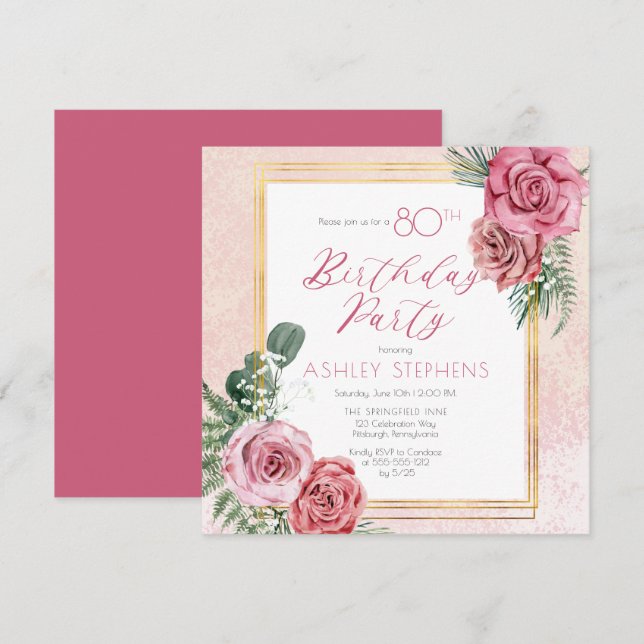 Elegant Pink Rose |Gold Frame 80th Birthday Party Invitation (Front/Back)