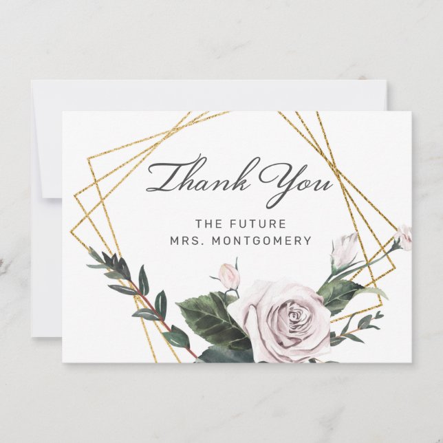 Elegant Pink Rose Gold Frame Floral Bridal Shower Thank You Card (Front)