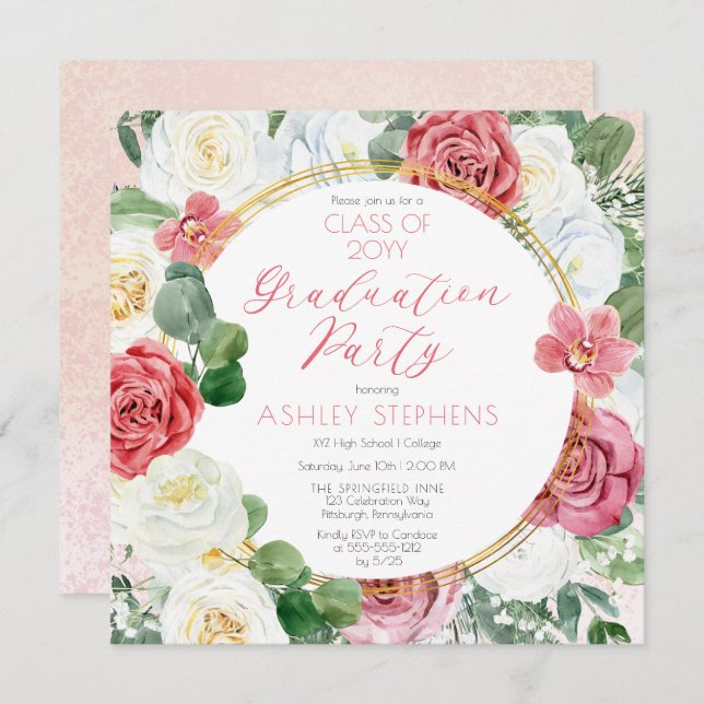Elegant Pink Rose | Gold Frame Graduation Party Invitation (Front/Back)