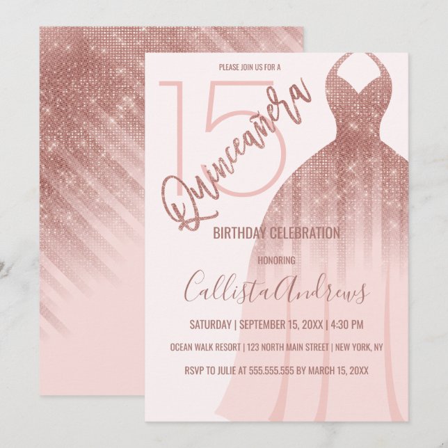 Elegant Pink Rose Gold Glitter Dress Quinceañera Invitation (Front/Back)