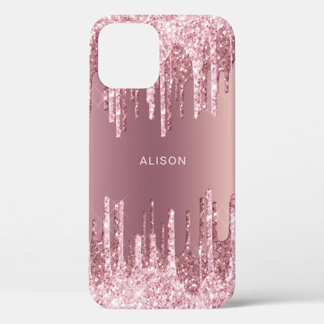 Elegant pink rose gold glitter drips custom name Case-Mate iPhone case (Back)