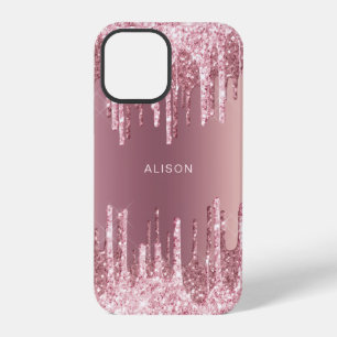 Elegant pink rose gold glitter drips custom name iPhone 12 pro case