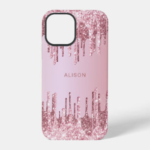Elegant pink rose gold glitter drips custom name iPhone 12 pro case