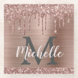 Elegant Pink Rose Gold Glitter Drips Monogrammed  Glass Coaster<br><div class="desc">Elegant, girly rose gold glitter drips name and monogrammed glass coaster. This design features rose gold glitter drips on pink faux metal background with custom monogram initial and first name text template. Perfect feminine gift. Please note, this design is printed photo effect. If you need help or matching items, please...</div>