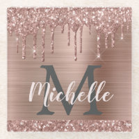 Elegant Pink Rose Gold Glitter Drips Monogrammed