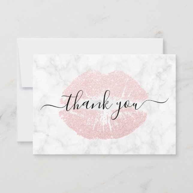 Elegant pink rose gold glitter lips white marble thank you card (Front)