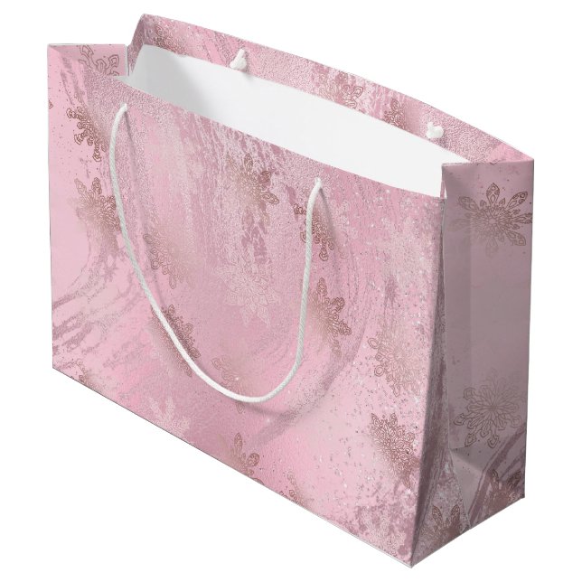 Elegant pink rose gold glitter marble snowflakes large gift bag (Back Angled)