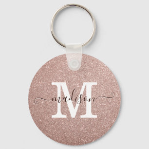 Elegant Pink Rose Gold Glitter Monogram Script Keychain
