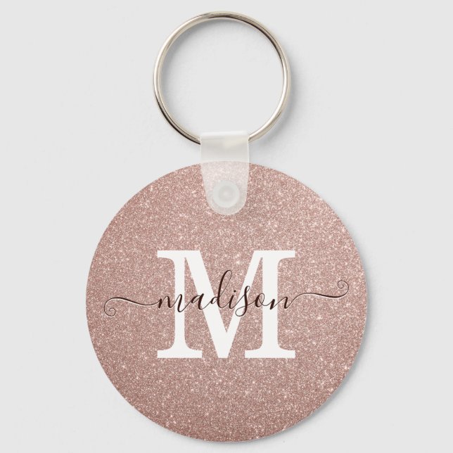 Elegant Pink Rose Gold Glitter Monogram Script Keychain (Front)