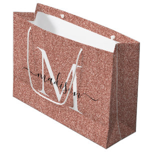 Elegant Pink Rose Gold Glitter Monogram Script Large Gift Bag