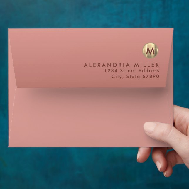 Elegant Pink Rose Gold Monogram Return Address Envelope (Hand)