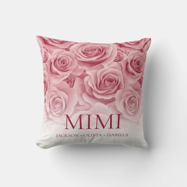 Elegant Pink Rose Grandchilren's Names Grandmother Throw Pillow (Front)