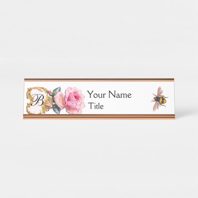ELEGANT PINK ROSE ,HONEY BEE BEEKEEPER MONOGRAM DESK NAME PLATE (Front)