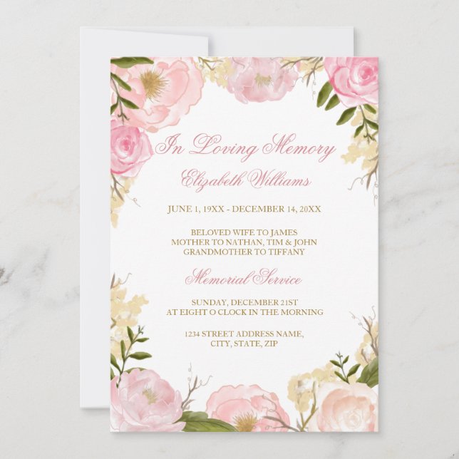 Elegant Pink Rose Memorial Service Invitation (Front)
