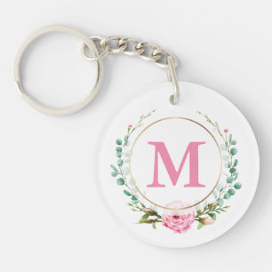 Elegant Pink Rose Monogram Floral Wreath Acrylic Keychain