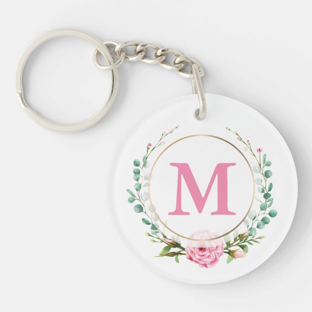 Elegant Pink Rose Monogram Floral Wreath Acrylic Keychain (Front)