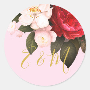 Elegant Pink Rose Monogram Wedding   Classic Round Sticker