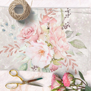 Elegant Pink Rose Peony Floral Marble Glitter Tissue Paper