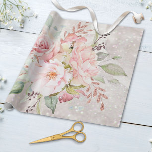 Elegant Pink Rose Peony Floral Marble Glitter Wrapping Paper