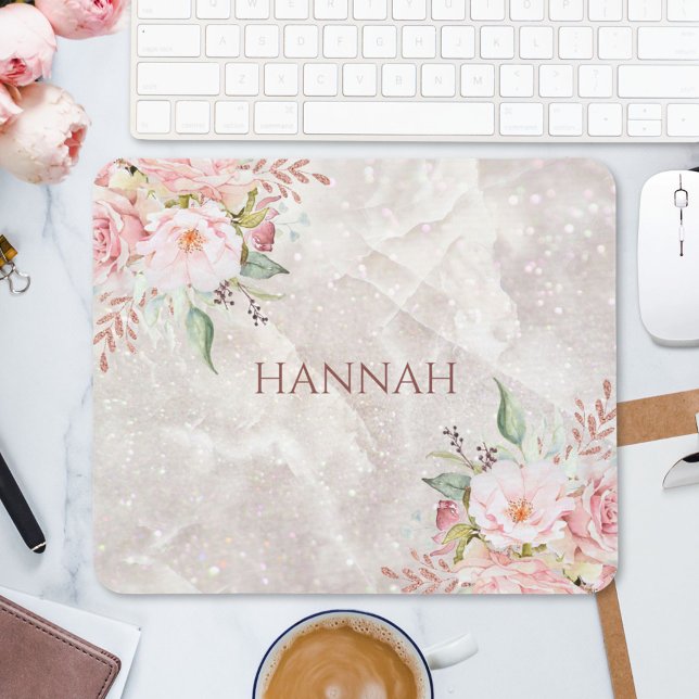 Elegant Pink Rose Peony Floral Marble Mouse Pad (In situ)