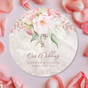Elegant Pink Rose Peony Floral Marble Wedding  Classic Round Sticker